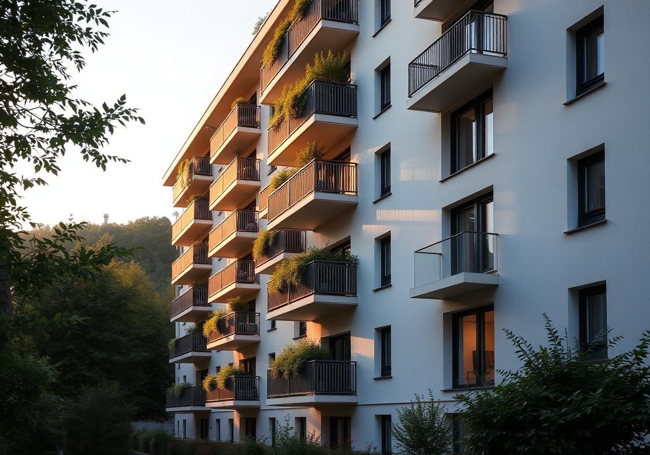 Modernes Schweizer Stockwerkeigentum mit Balkonen im Abendlicht